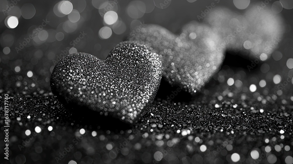 Fototapeta premium Three Glittering Hearts Resting On Sparkling Glitter