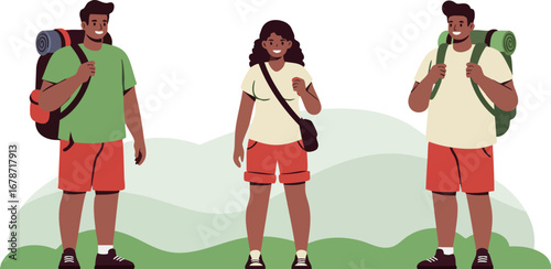 Group of diverse hikers with backpacks outdoors enjoying nature and adventure in casual summer clothing vector illustration