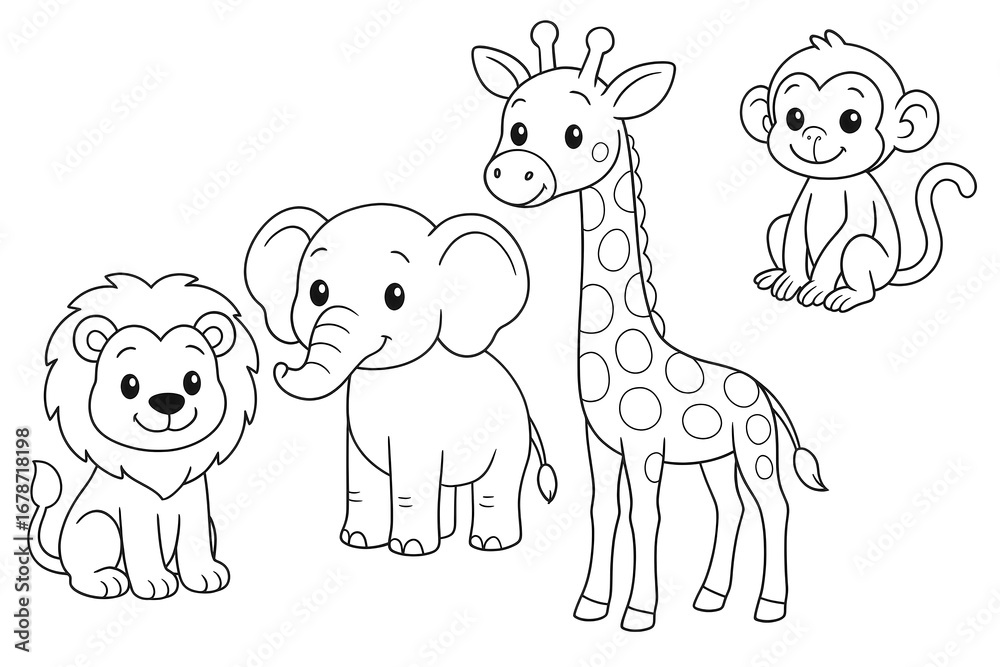 Fototapeta premium Coloring for children and adults, coloring of the animal world, elephant, monkey, lion, giraffe.