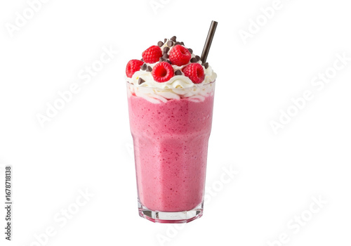 Pink smoothie with whipped cream and berries isolated on transparent background