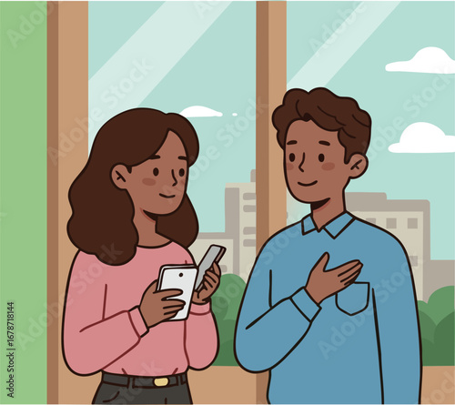 Young woman and man socializing indoors using smartphone casual communication vector illustration