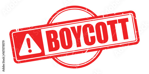 Red stamp with boycott text and warning symbol