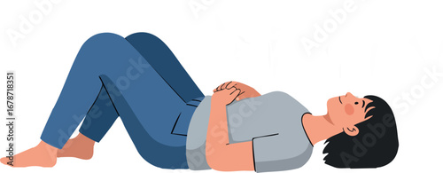Woman lying on floor with eyes closed resting and relaxing in casual clothes vector illustration