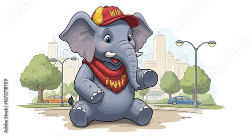 Expressive elephant calf digital art, wise urban explorer.