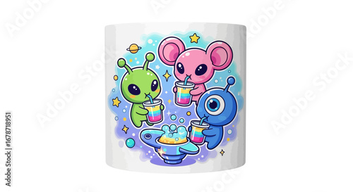 Kawaii style cute space aliens mug design, playful illustration.