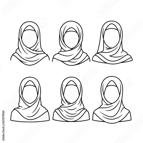 Illustrative vector collection of diverse hijab styles for women, showcasing modest head covering designs and fashion inspiration.