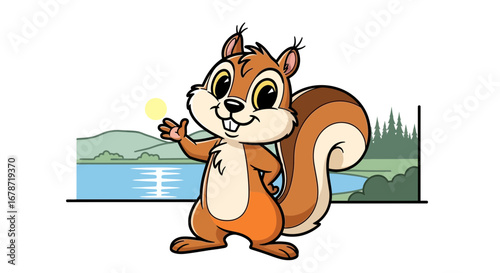Modern vector squirrel character, witty lakeside observer.
