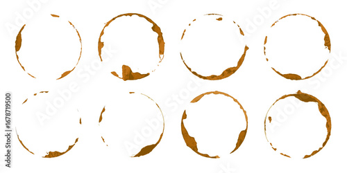 Coffee cup stains set. Brown circular coffee rings and splashes on white background. Realistic beverage marks collection for design, cafe menu decoration. Vector illustration.