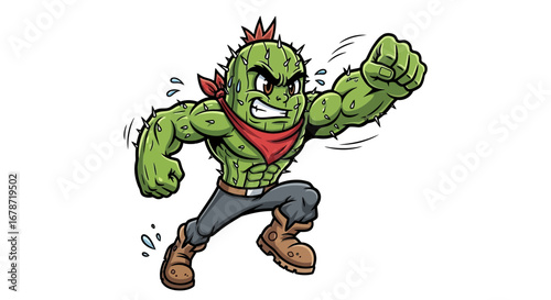 Resilient cactus mascot dynamic action comic cartoon.