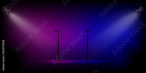 Microphones with spotlights. Two mic stands under purple and blue beams on smoky dark background for concert, karaoke, performance, show or music battle event. Realistic vector design.