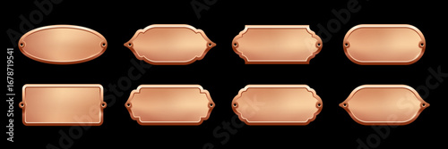 Blank bronze metal nameplate plaques in various vintage shapes with decorative edges and screw holes. Metallic copper labels for engraving, signage, awards, door signs. Realistic vector illustration.