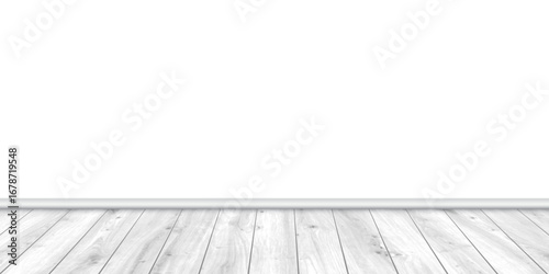 Wooden floor with white wall background. Wood natural gray plank floor. Minimalistic interior mockup for product display, presentation, or room design visualization. Realistic vector illustration.