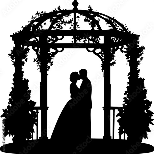 Affectionate silhouette of bride and groom in a decorative gazebo, the groom slightly taller, centered composition, romantic atmosphere.
