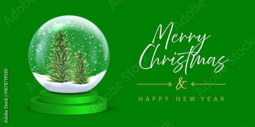 Snow globe with snowflakes and Christmas tree with festive congratulations. Happy New Year greeting card vector illustration. Xmas horizontal social media banner, poster, postcard.