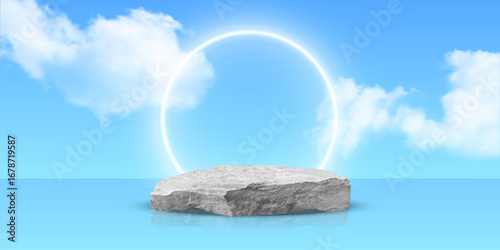 Stone podium with glowing light ring on sky background. Rock platform for product display or presentation scene with clouds and blue sky. Minimalistic natural pedestal. Abstract vector illustration.