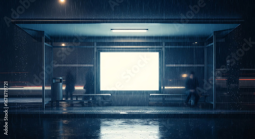 Modern Urban Bus Stop At Night With Blank Illuminated Billboard