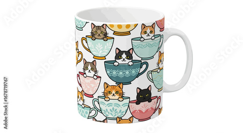 Vector playful cats in teacups mug graphic, cute feline design.