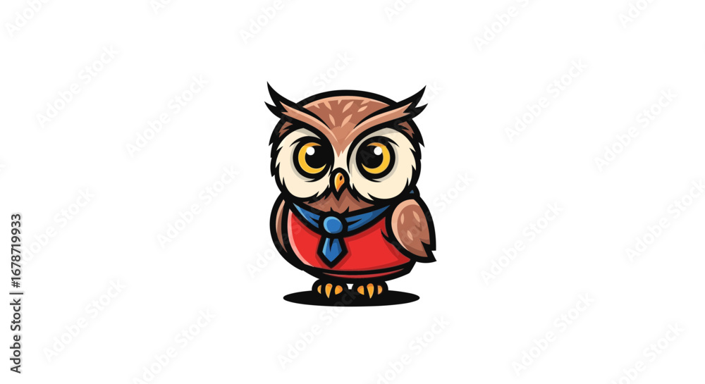 Obraz premium Wise owl mascot bold minimalist cartoon on white background.