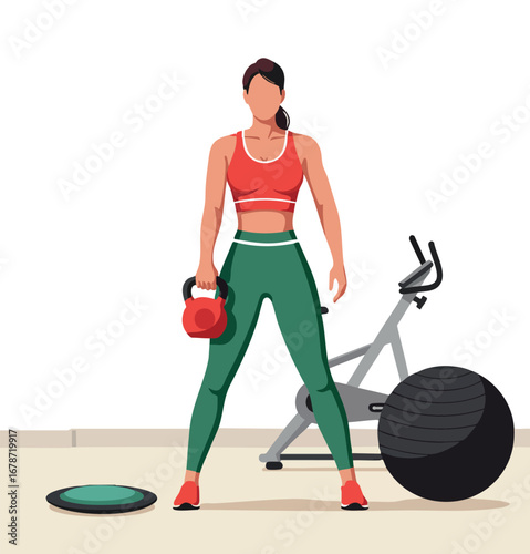 Woman exercising with kettlebell and fitness equipment in home gym setting for active lifestyle and strength training