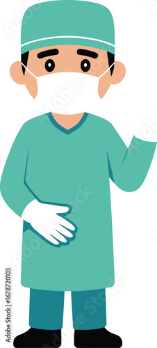 Cartoon doctor in scrubs and mask waving