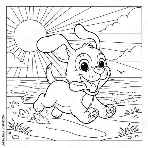 Playful Puppy at the Beach Line Art for Coloring Fun and Stress Relief