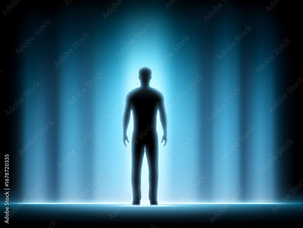 Fototapeta premium a stark digital art piece depicting a lone individual being tracked by multiple glowing ai recogniti