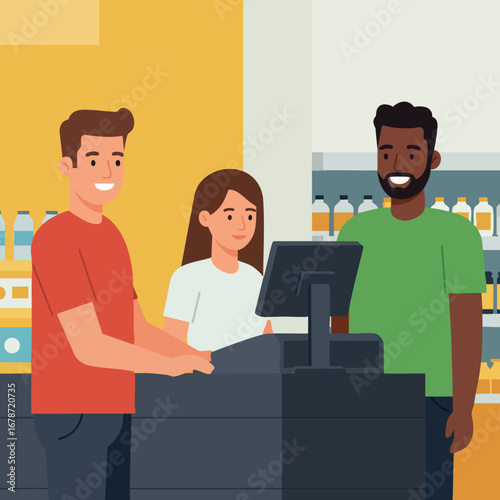 Young diverse customers paying at store cash register with friendly cashier smiling in retail environment