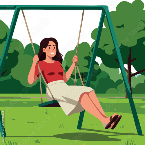 Woman enjoying outdoor swing in green park on sunny day smiling and relaxing in casual clothes vector illustration