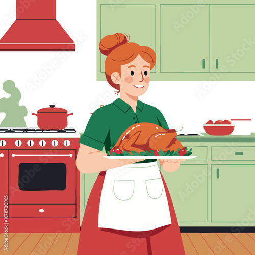 Woman holding roasted turkey in kitchen with red stove and green cabinets cooking and serving meal vector illustration