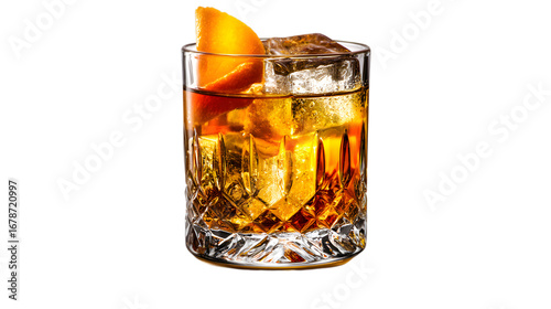 Sophisticated old fashioned cocktail with ice and orange zest looks refreshing and delicious  isolated on white background