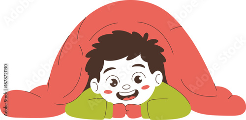 Happy Child Peeking Out From Under a Red Blanket