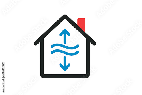 Vector of house with waves and arrows up down. Symbol of smart home air high comfort technology. Icon of HVAC Heating Ventilation Air.