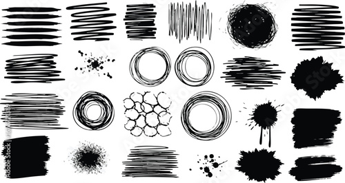 Collection of various black ink graphic elements on a white background.