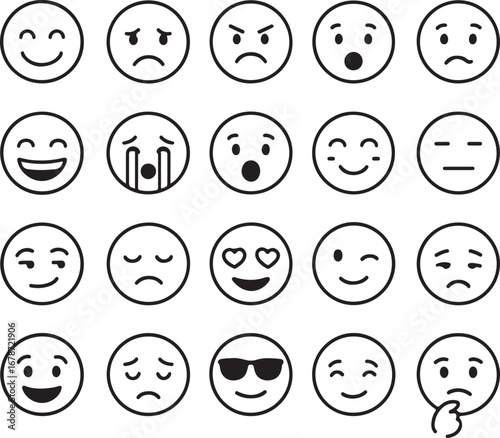 Collection of diverse hand drawn outline emoji faces expressing various emotions and moods on a white background
