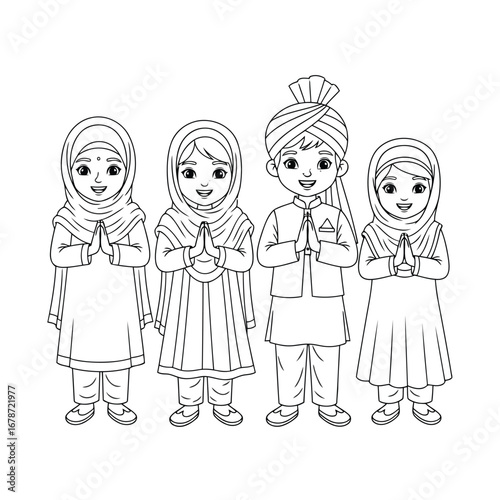 Diverse Group of People Dressed in Traditional Outfits, Welcoming Gesture