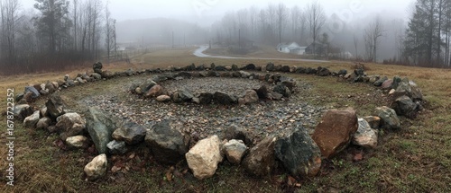Circular stone arrangement in a misty field