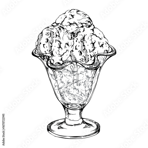 Ice cream sorbet gelato scoop served in glass sundae bowl, frozen yoghurt. Vector graphic illustration hand drawn in pen and ink, detailed line sketch. Dessert branding, cafe menu, sweet recipe sheet