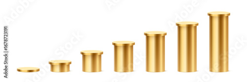 Golden metallic cylindrical podiums in ascending height. Minimalist 3D columns for ranking, data visualization, infographics, or product display. Realistic vector illustration.