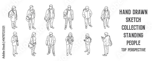 Architectural Drawings Hand drawn outline collection of people standing in top view perspective, casual everyday poses, men and women, black ink pen drawing style vector illustration
