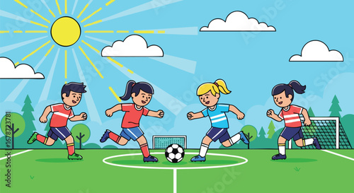 Youthful exuberance: a vibrant illustration of children joyfully playing soccer under a radiant sun with fluffy clouds in the bright sky