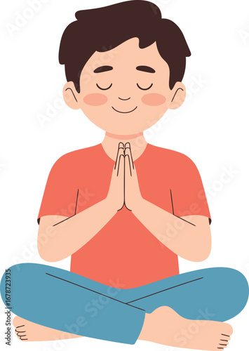Boy meditating in lotus position with hands clasped