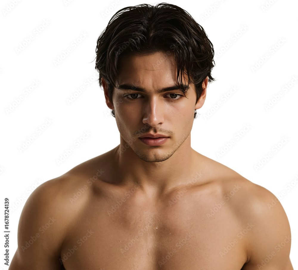 Fototapeta premium Studio portrait Shirtless man, serious gaze, dark background, modeling