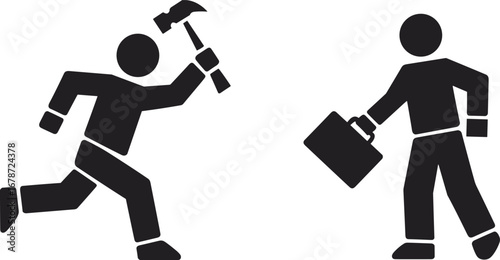 Businessman with briefcase being chased by aggressive attacker holding hammer, conflict and danger concept, business risk, threat, competition, violence, vector illustration
