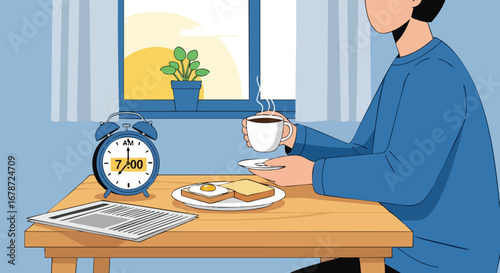 Early morning routine: A person enjoying breakfast with coffee and toast before starting the day, with a glimpse of the window view