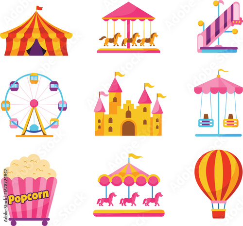 Colorful amusement park vector illustration with carnival tent, ferris wheel, carousel, swing ride, castle, popcorn, slide, and hot air balloon design