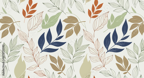 Elegant botanical pattern featuring stylized foliage with a subdued color palette reminiscent of vintage textiles perfect for backgrounds and textiles