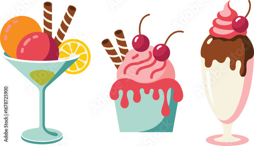Colorful ice cream desserts, sweet sundaes with cherries, chocolate toppings, fruity sorbet scoops, wafer sticks, creamy treats, refreshing summer frozen dessert vector illustration