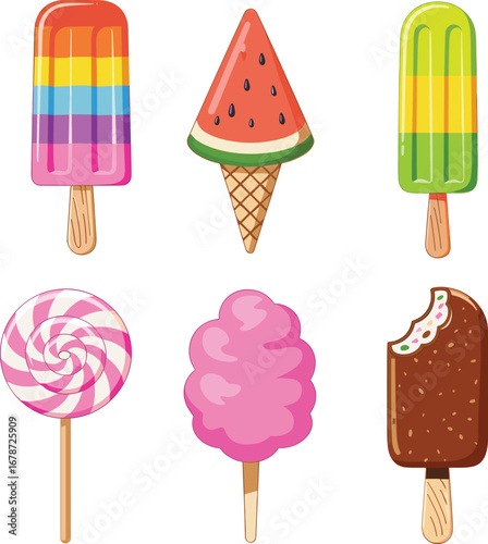 Colorful ice cream popsicles, watermelon cone, chocolate bar, lollipop, pink cotton candy, tasty summer dessert food collection vector illustration for kids, design
