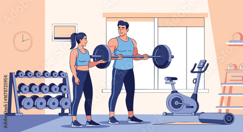 Animated illustration depicting a man and woman engaging in a barbell workout inside a minimalistic designed gym environment