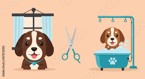Delightful dog grooming illustration featuring cute puppy characters and grooming tools in a playful cartoon style